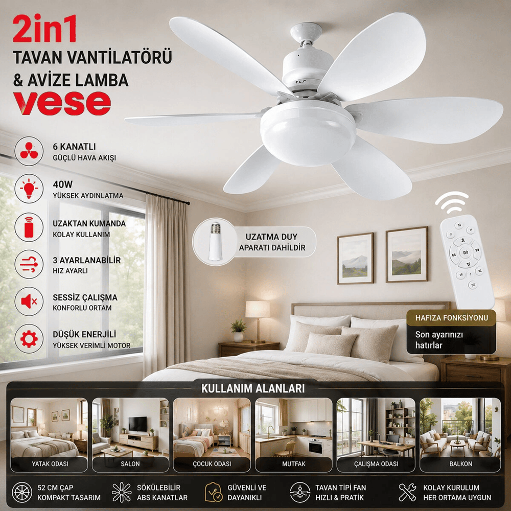 2in1=tavan Vantilatör - Avize Lamba 40w Kumandalı 6knat Vnt-005 Bx40