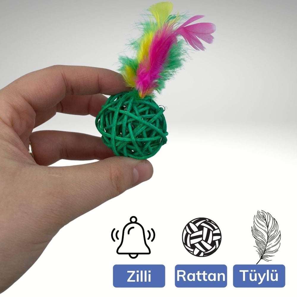 2li Rattan Renkli Peluş Tüy Kedi Köpek Oyuncak Yakalama Çiğneme Çıngıraklı Top Oyuncağı (3936)