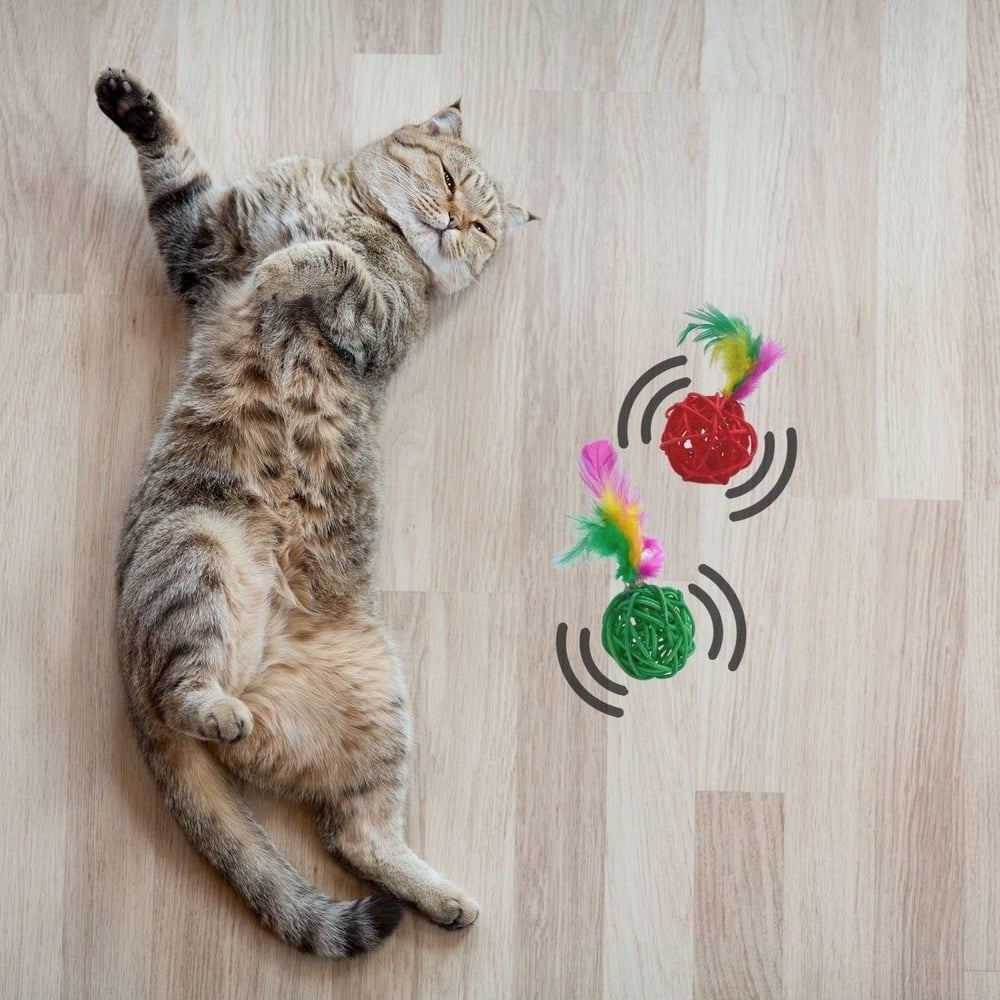 2li Rattan Renkli Peluş Tüy Kedi Köpek Oyuncak Yakalama Çiğneme Çıngıraklı Top Oyuncağı (3936)