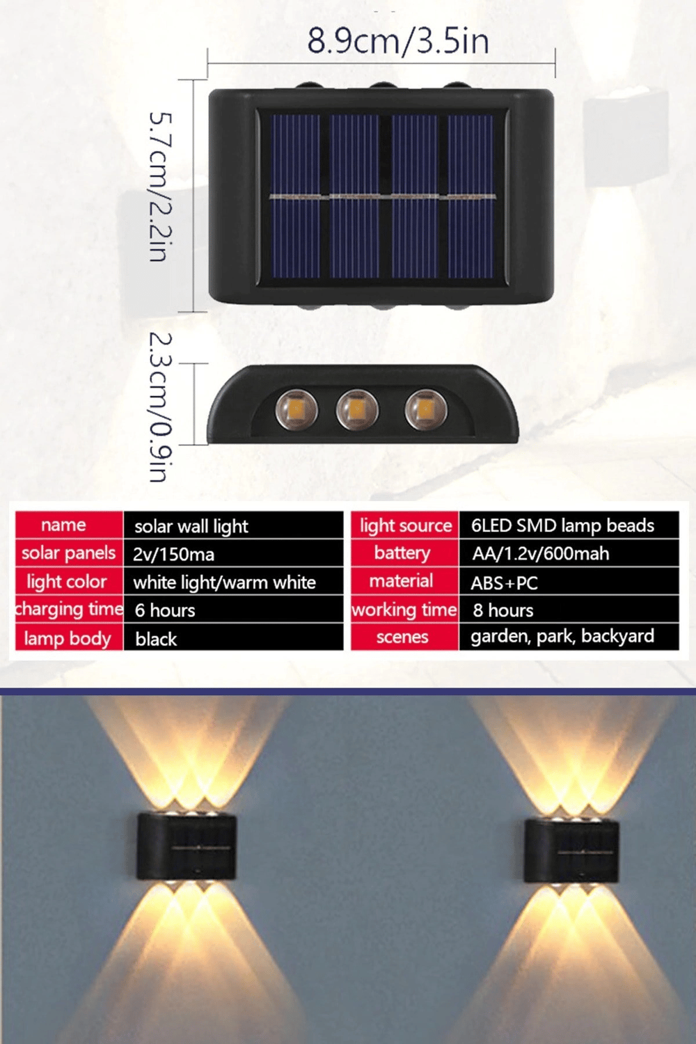 2li Set Solar Duvar Lambası - 6 Ledli Aplik - Gün Işığı Rengi - IP65 Su Geçirmez