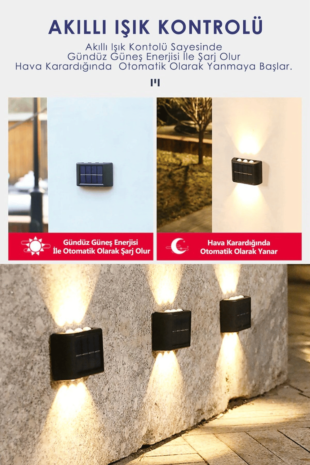 2li Set Solar Duvar Lambası - 6 Ledli Aplik - Gün Işığı Rengi - IP65 Su Geçirmez