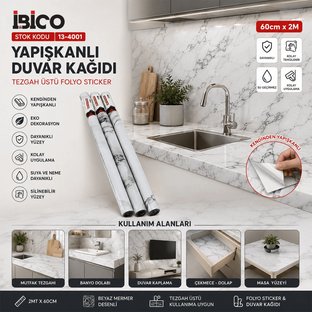 2mt X 60cm Beyaz Mermer Desenli Tezgah Üstü Folyo Sticker - Duvar Kağıt Kendinden Yapışkanlı - Eko Dekorasyon - Dayanıklı Bx40