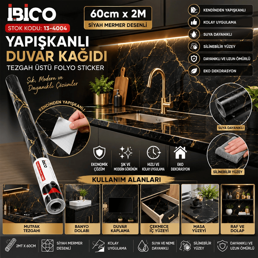 2mt X 60cm Siyah Mermer Desenli Tezgah Üstü Folyo Sticker - Duvar Kağıt Kendinden Yapışkanlı - Eko Dekorasyon - Dayanıklı Bx40