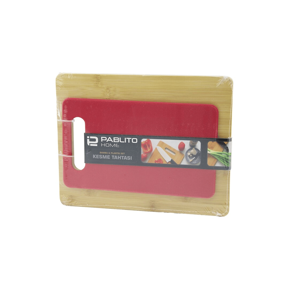 2pcs Set=ahşap Bambu - Plastik Kesim Panosu - Kesme Tahtası Pls:15x25cm- Ahş:22x28cm Bx40