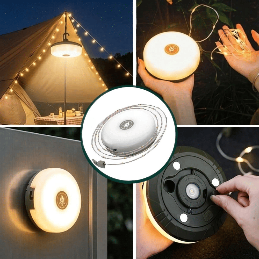 2’si 1 Arada 5 Farklı Işık Modlu Gün Işığı Şarjlı Kamp Lambası Ve Makaralı 10 Metre Peri Led Işık – Su Geçirmez Mıknatıslı Aydınlatma Feneri Bx40