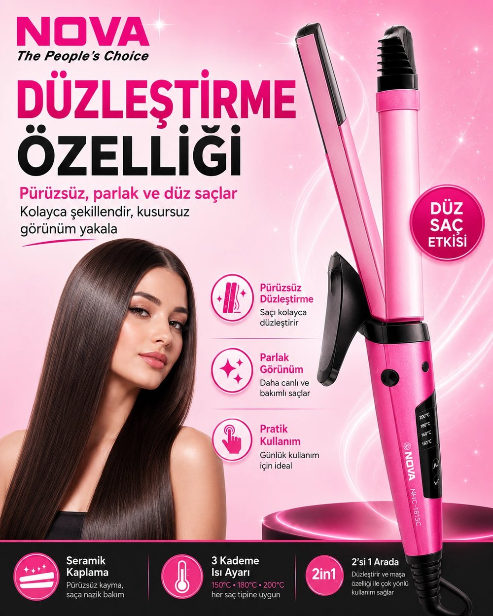 2’si 1 Arada Saç Düzleştirici ve Bukle Yapıcı Seramik Plakalı Saç Şekillendirici