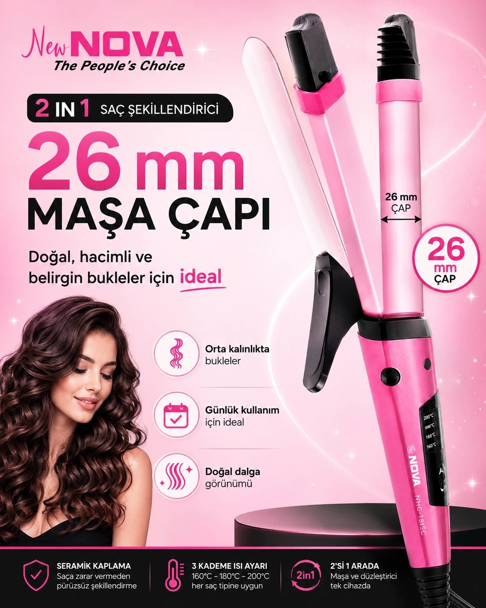 2’si 1 Arada Saç Düzleştirici ve Bukle Yapıcı Seramik Plakalı Saç Şekillendirici