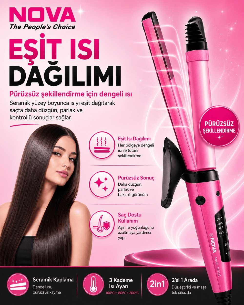 2’si 1 Arada Saç Düzleştirici ve Bukle Yapıcı Seramik Plakalı Saç Şekillendirici