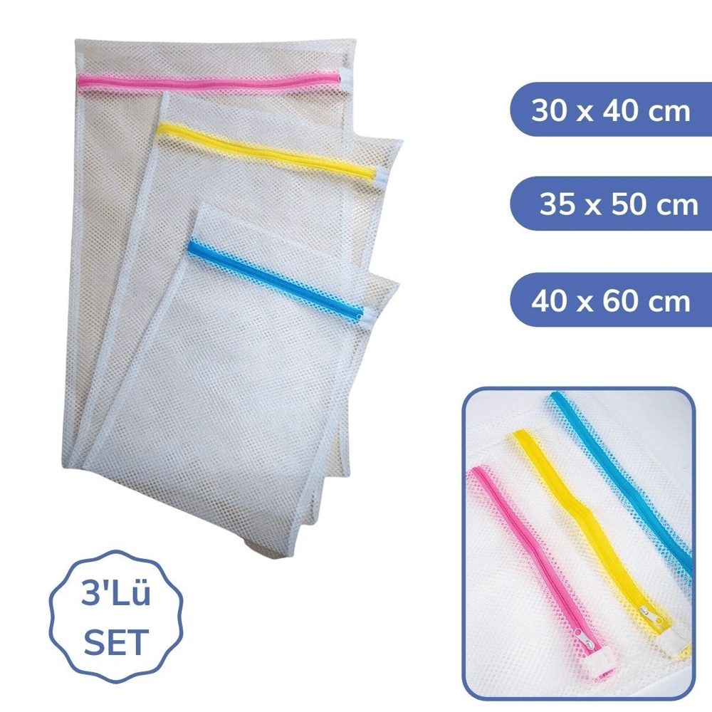 3 Adet Çamaşır Yıkama Filesi Renkli Fermuarlı 3 Boy Bx40