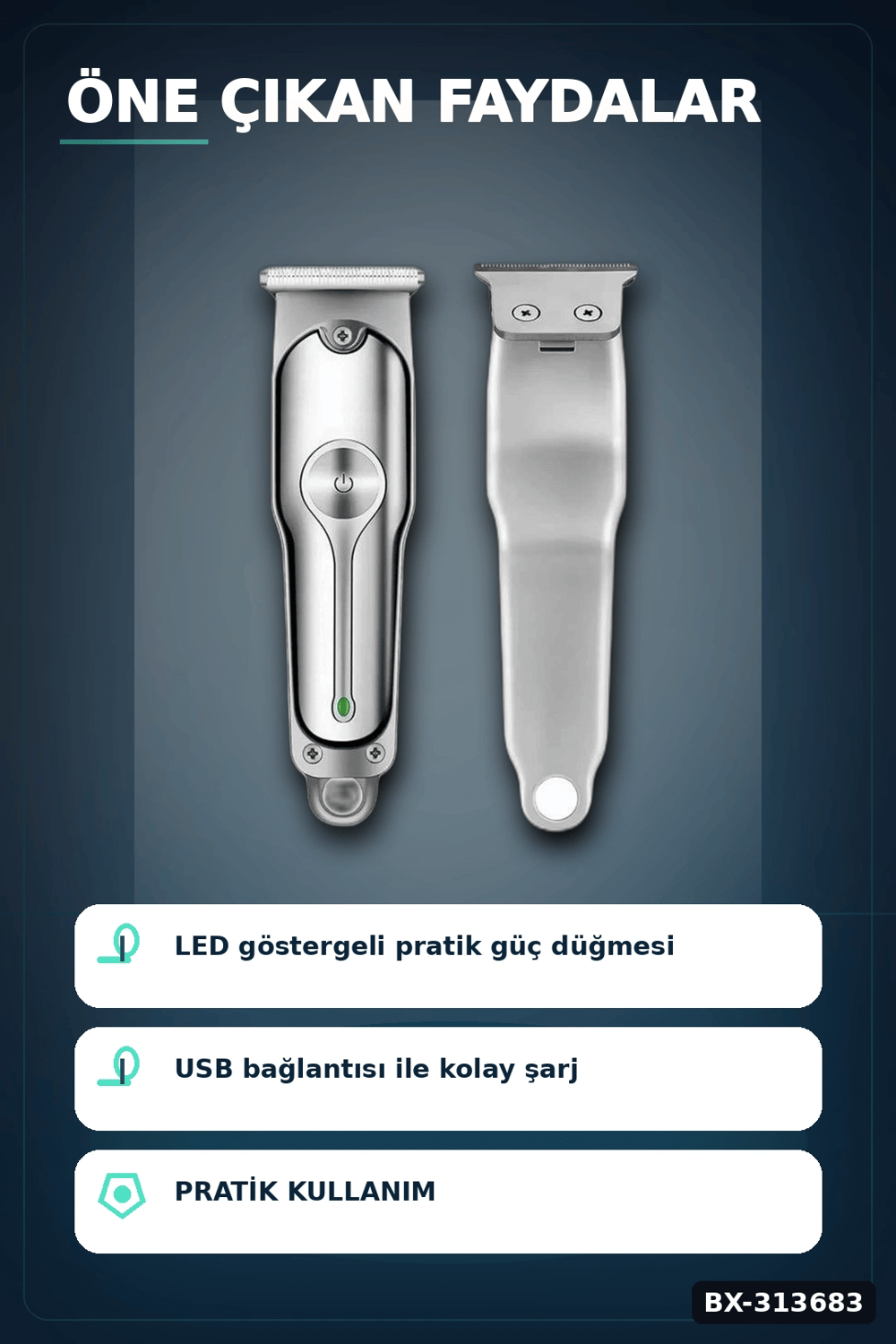 3 Ayarlı Kılavuz Taraklı 120 Dakika Çalışan USB Şarjlı Saç Kesme Makinesi BX-313683