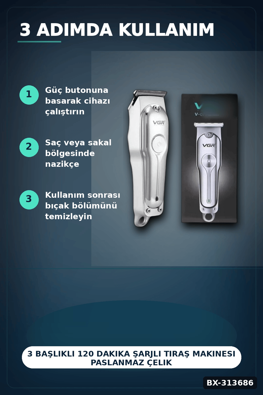 3 Başlıklı 120 Dakika Şarjlı Tıraş Makinesi Paslanmaz Çelik Bıçak Sakal Ve Saç Kesme BX-313686