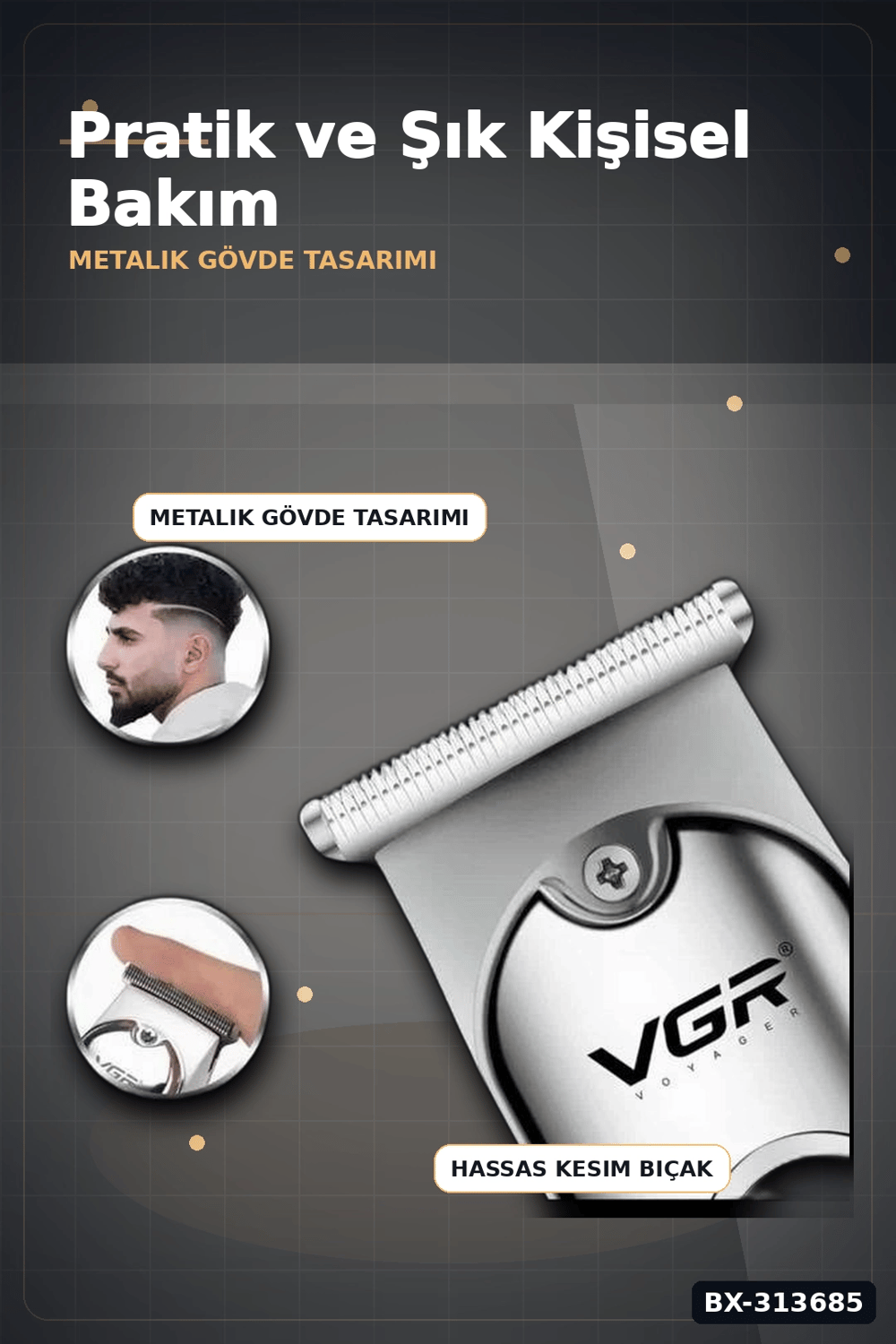 3 Başlıklı Şarjlı Tıraş Makinesi Paslanmaz Çelik Taraklı 14 cm 40 gr Sakal Saç Ense Tıraşı BX-313685