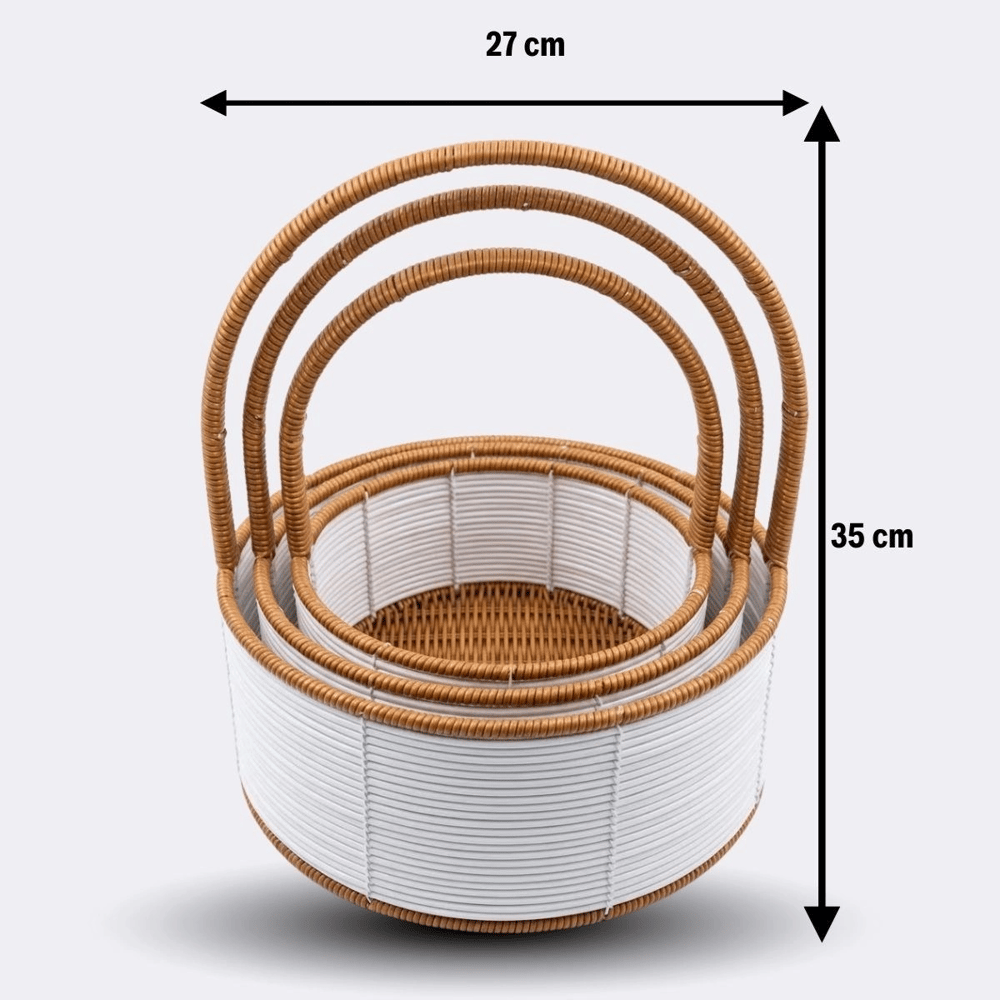 3 Boy İç İçe Geçebilen Plastik Rattan Sepetler–beyaz Renkli,kahverengi Saplı, Çok Amaçlı Düzenleyici Ve Sunum Sepeti Seti Bx40