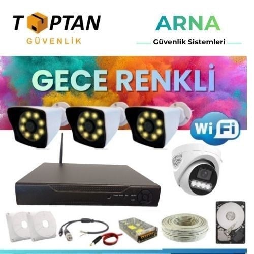 3 Dış 1 Iç 4 Kameralı Gece Renkli Wıfı Ozellikli 3 Tb HDD Dahil Güvenlik Kamera Seti