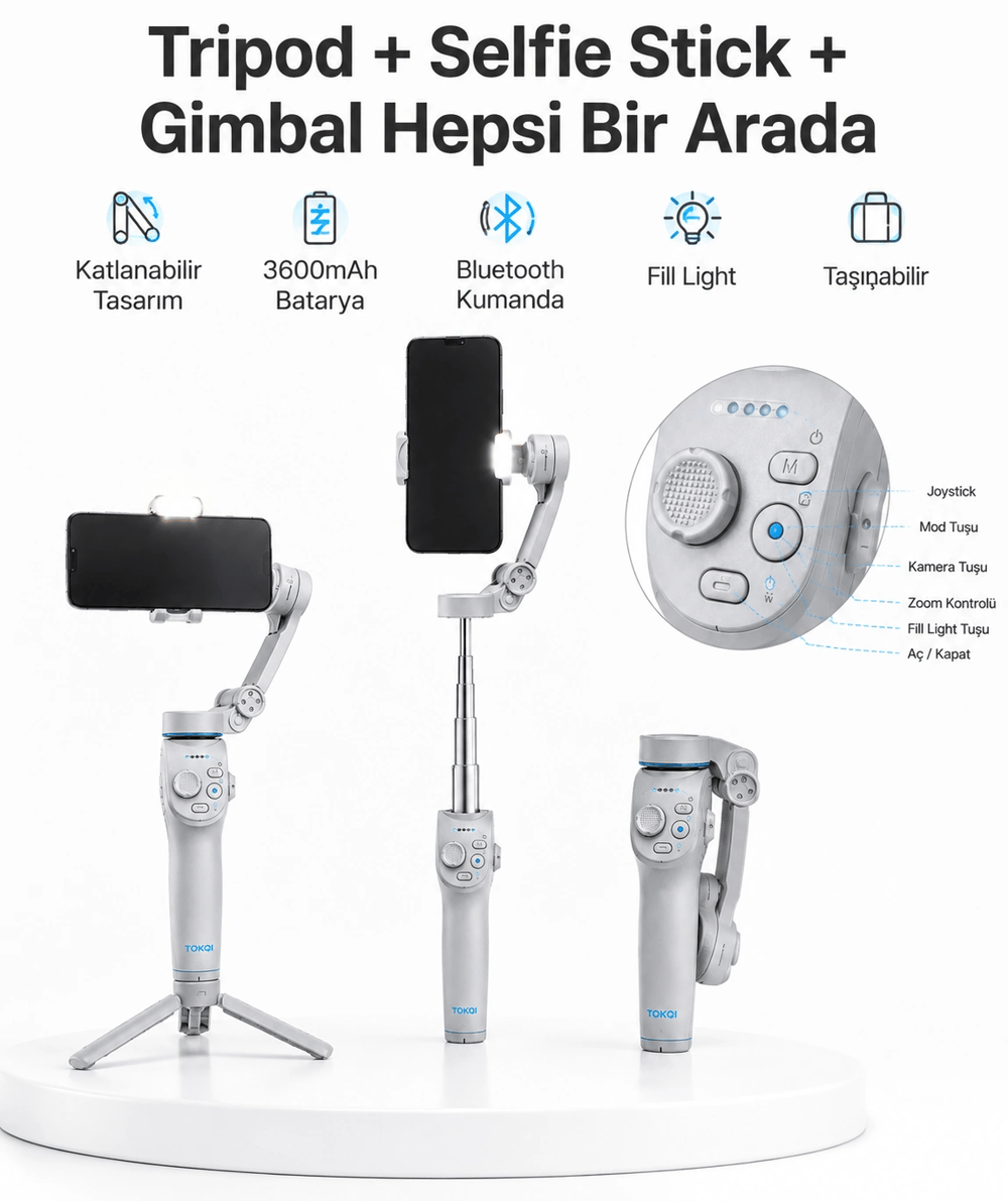 3 Eksen Telefon Gimbal Stabilizer Yapay Zeka Takipli Katlanabilir Dahili Dolgu Işıklı Video Sabitleyici