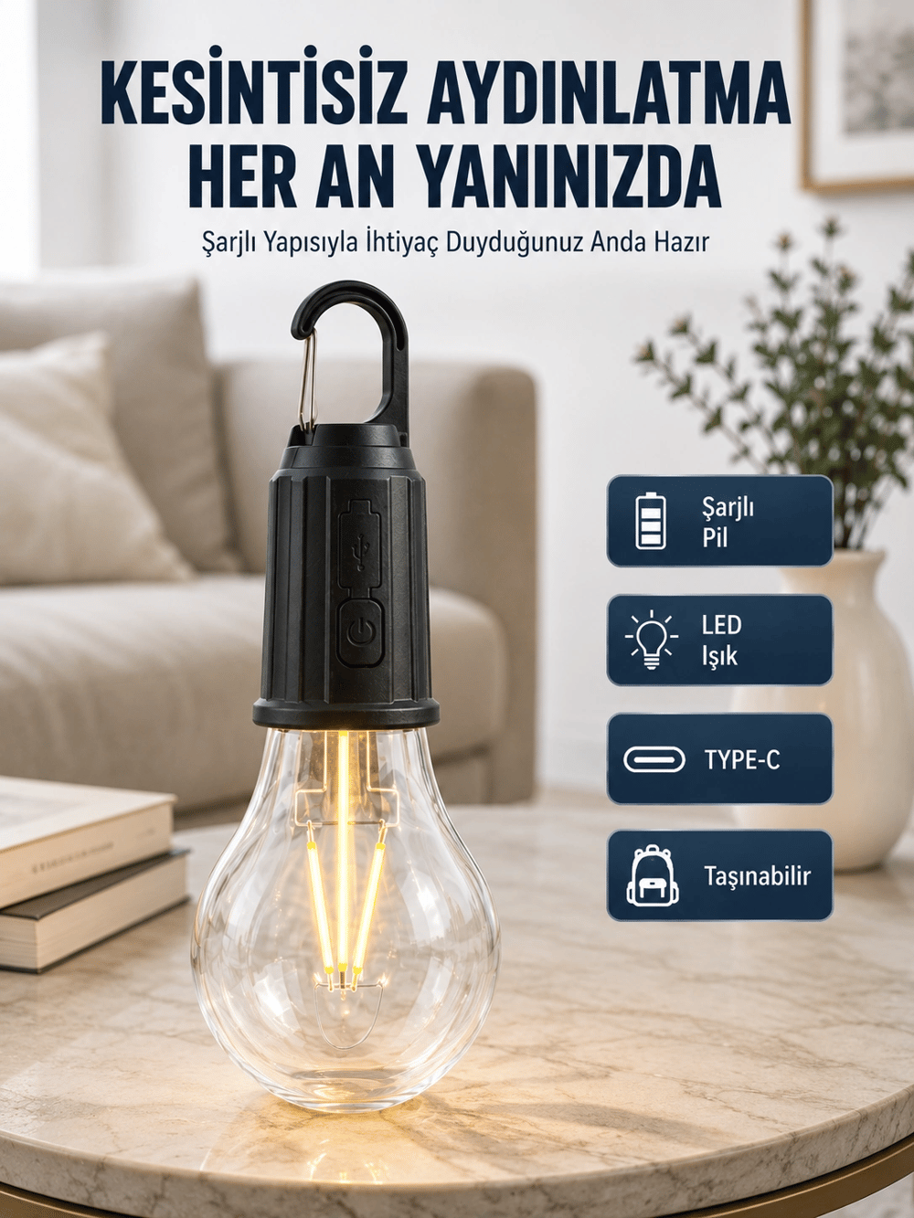 3 Farklı Mod LEDli Şarjlı Asma Kancalı Kamp Lambası Taşınabilir Ampul