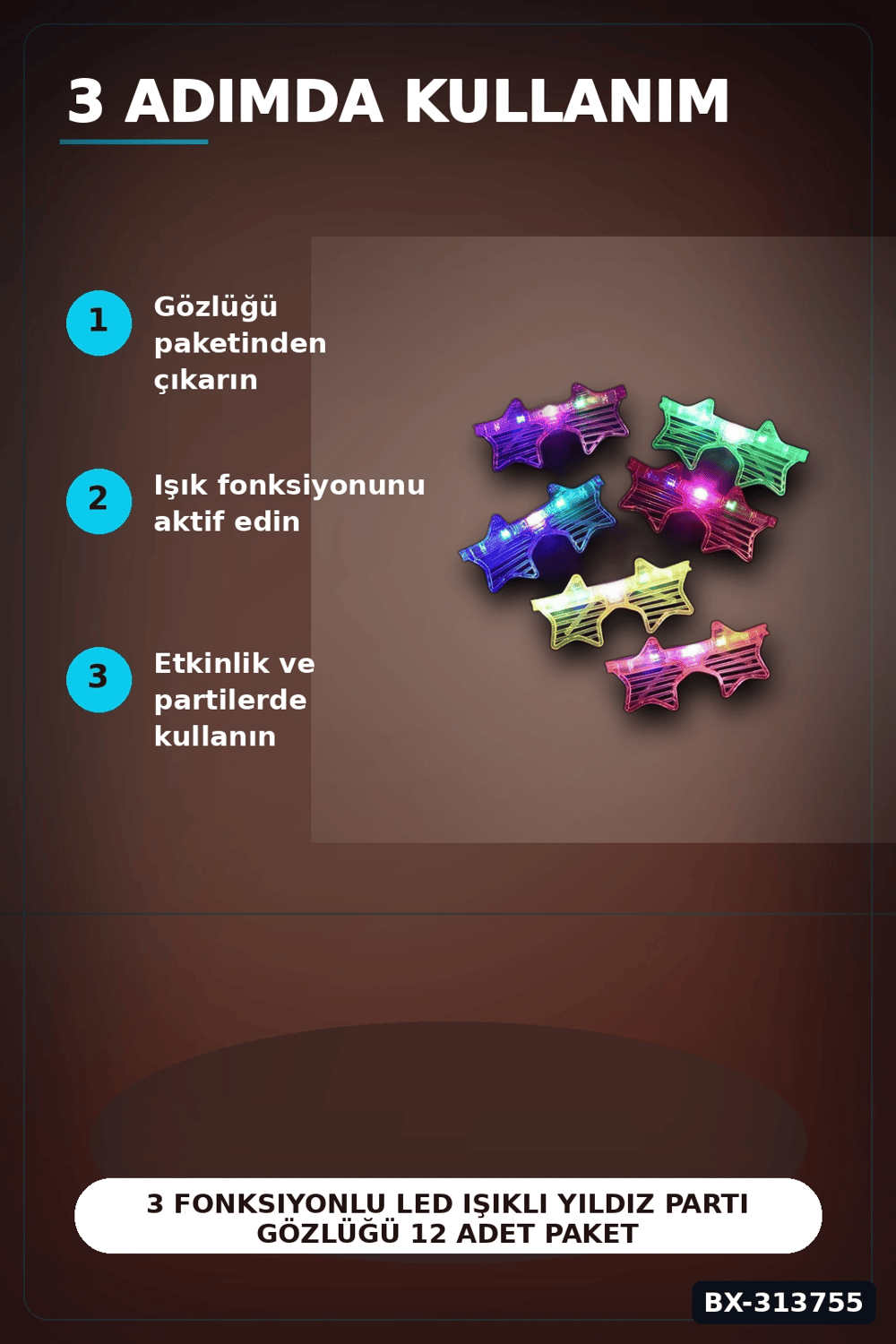 3 Fonksiyonlu Led Işıklı Yıldız Parti Gözlüğü 12 Adet Paket Yetişkin Aksesuarı BX-313755