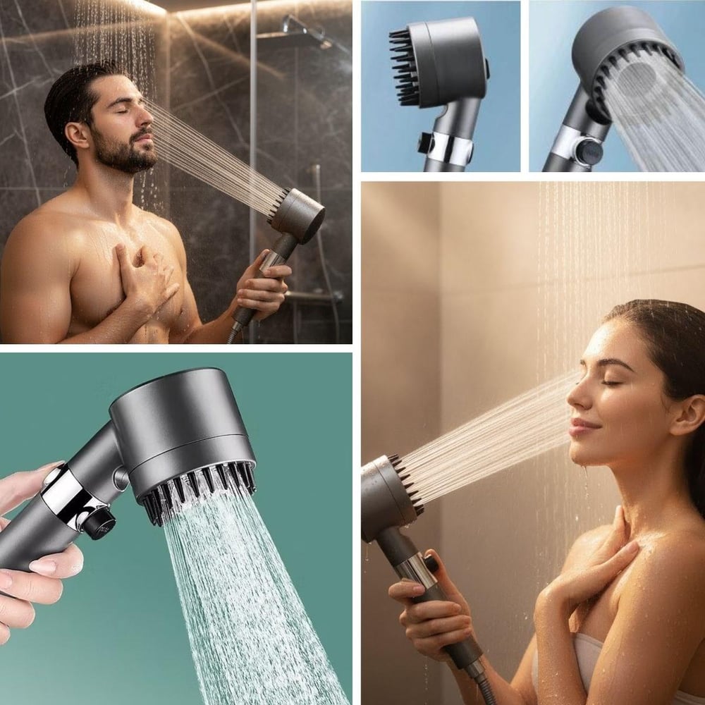3 Kademeli Turbo Basınçlı Masaj Başlıklı Silikon Fırçalı Duş Başlığı – Yüksek Basınçlı Su Tasarruflu Duş Başlığı (3936)