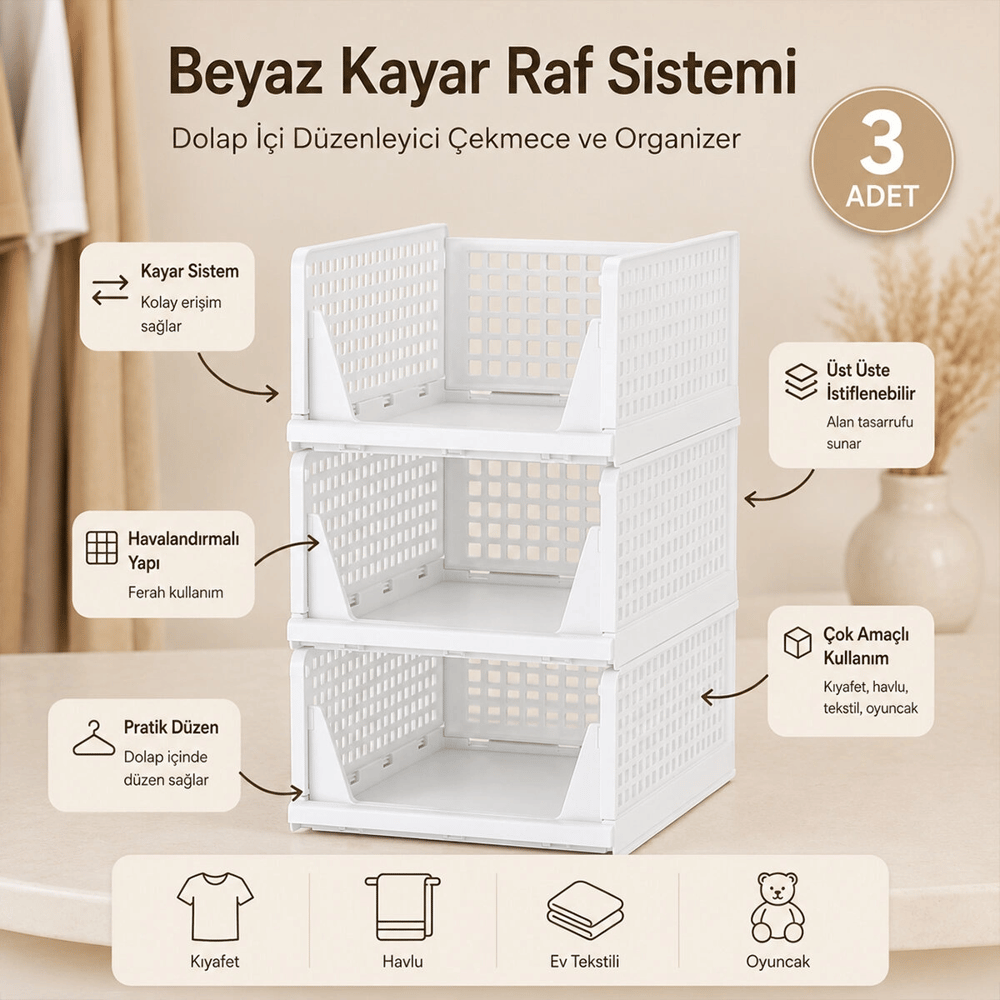 3 Katlı Portatif Organizer - Çok Amaçlı Kayar Raf 18.5x33.5x43cm Toplam 55.5cm Bx40