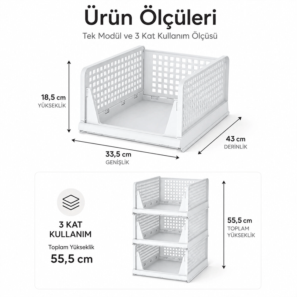 3 Katlı Portatif Organizer - Çok Amaçlı Kayar Raf 18.5x33.5x43cm Toplam 55.5cm Bx40