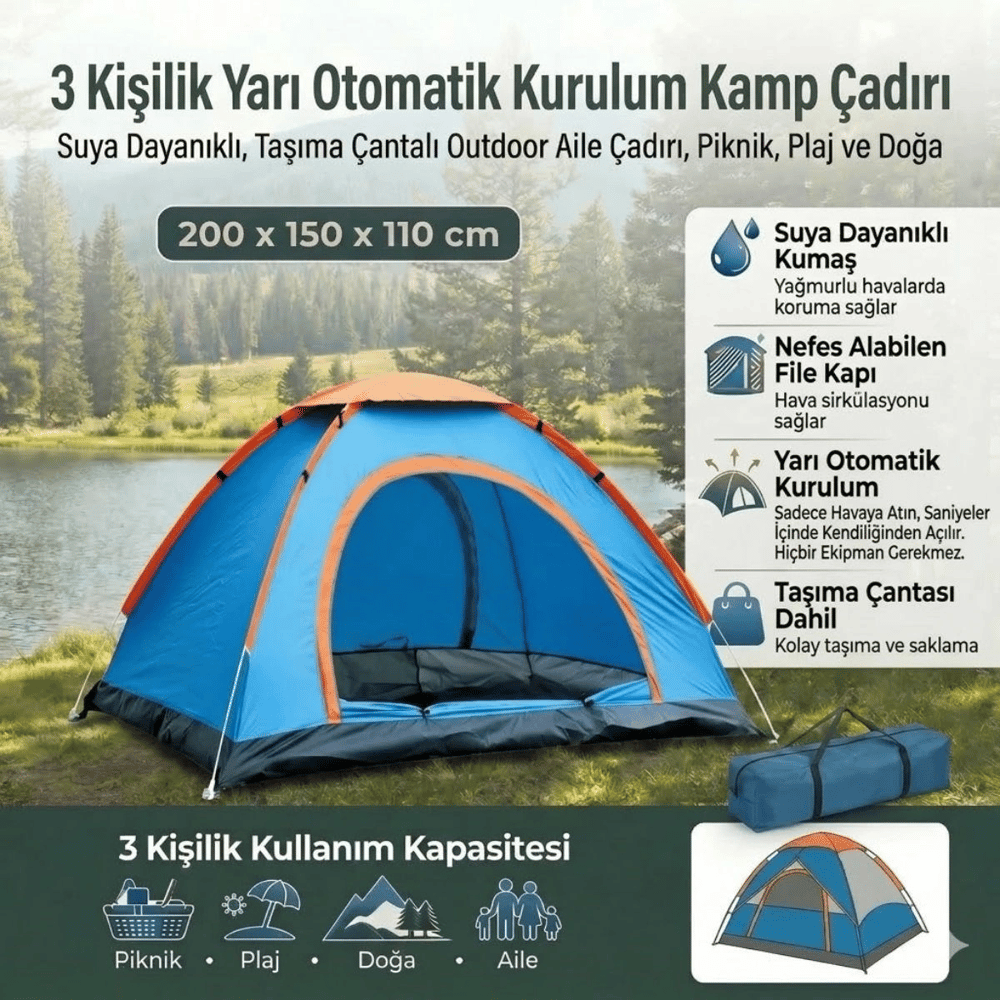 3 Kişilik Yarı Otomatik Kurulum Kamp Çadırı – Suya Dayanıklı, Taşıma Çantalı Outdoor Aile Çadırı, Piknik, Plaj Ve Doğa 200x150x110 Cm Bx40
