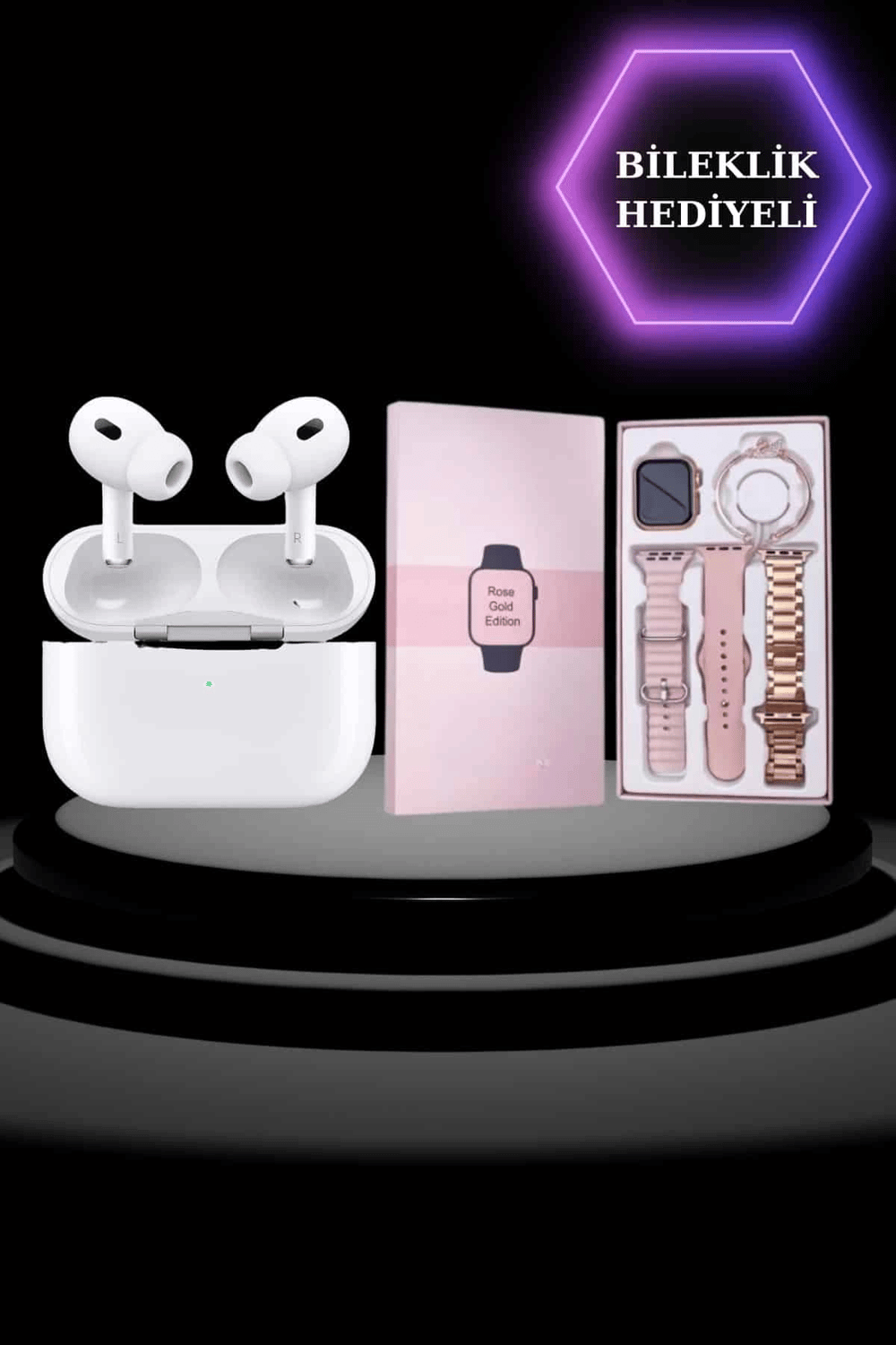 3 Kordonlu Pembe Amoled Ekran Akıllı Saat ve Yeni Nesil Pro Kablosuz Bluetooth Kulaklık ANC/ENC