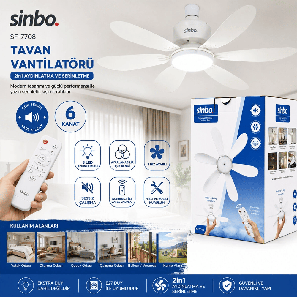 3 Led Aydınlatmalı - Sessiz Çalışma 6 Kanat - Kumanda Tavan Vantilatör Sf-7708 Bx40
