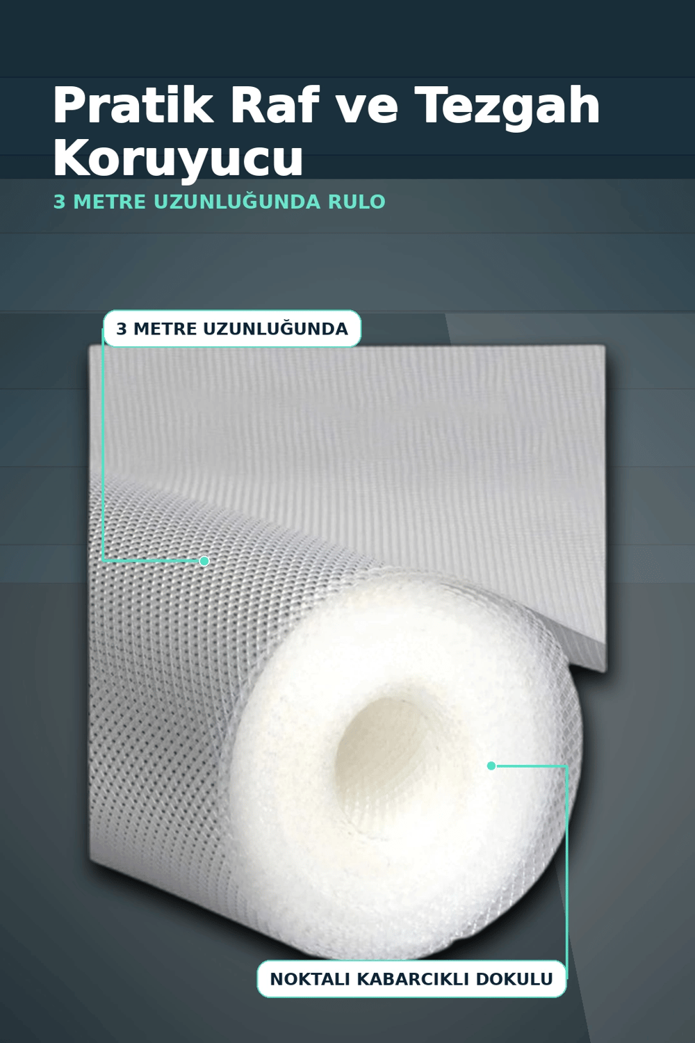 3 Metre Kalın Dokulu Şeffaf Raf Örtüsü ve Su Tutucu Tezgah Koruma Matı