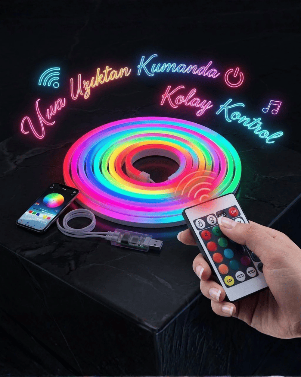 3 Metre RGB Akıllı Neon LED Şerit Işık Telefon ve Kumanda Kontrollü Ambiyans Aydınlatma