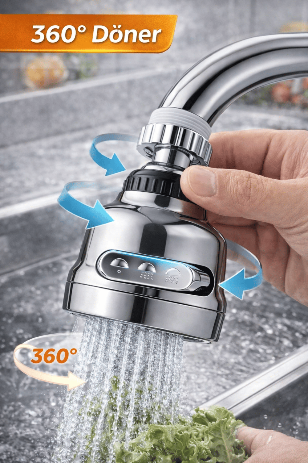 3 Modlu 360 Derece Döner Krom Musluk Başlığı Su Tasarruflu Mutfak Çeşme Evye ve Lavabo Batarya Ucu