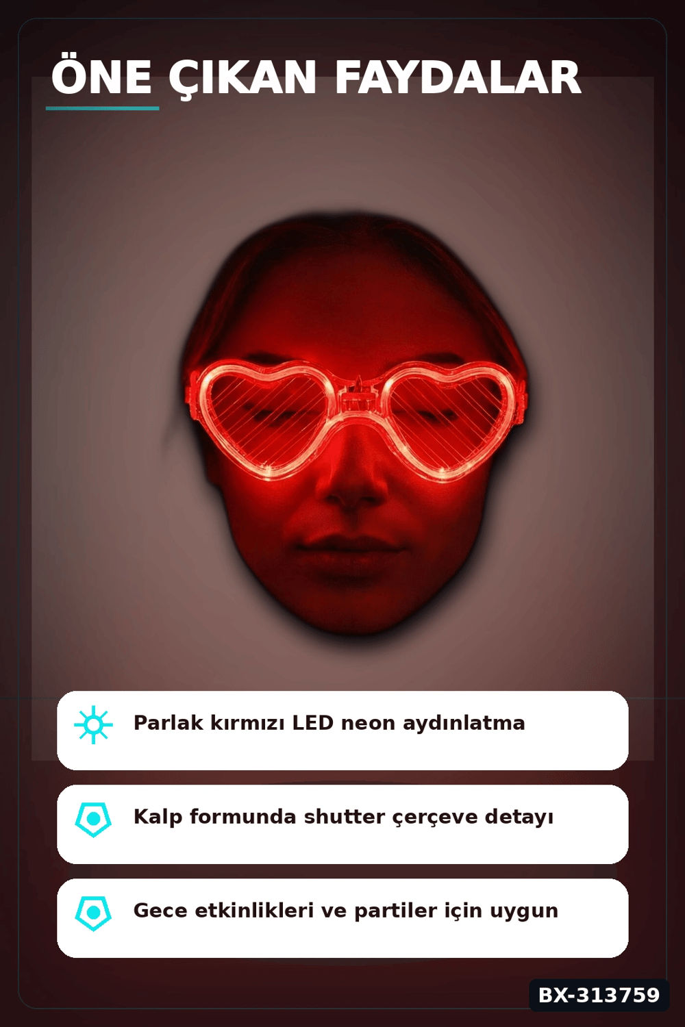 3 Modlu Kırmızı Led Işıklı Kalp Gözlük – 40 Adetlik Parti Paketi, Glow Aksesuarı BX-313759