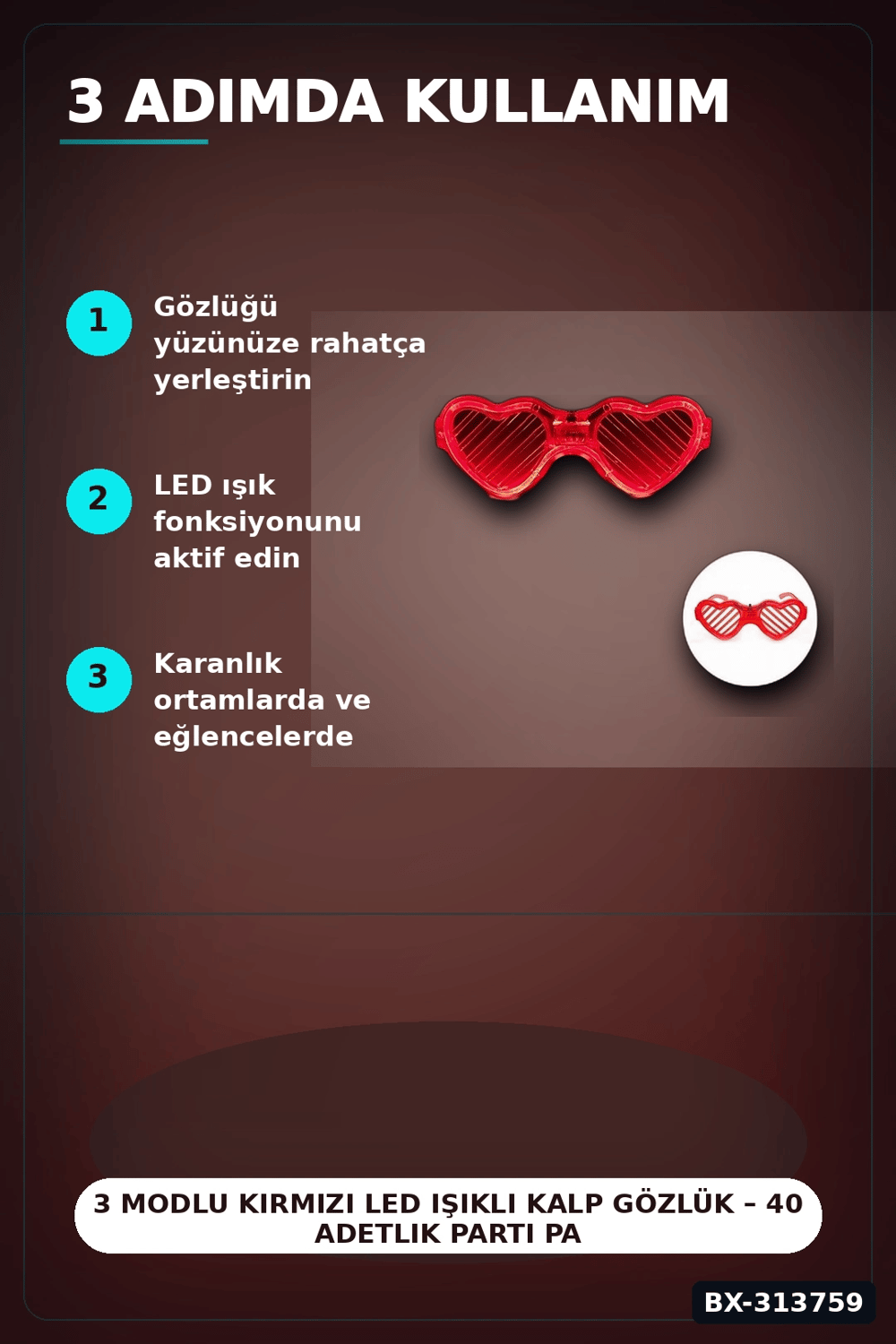 3 Modlu Kırmızı Led Işıklı Kalp Gözlük – 40 Adetlik Parti Paketi, Glow Aksesuarı BX-313759