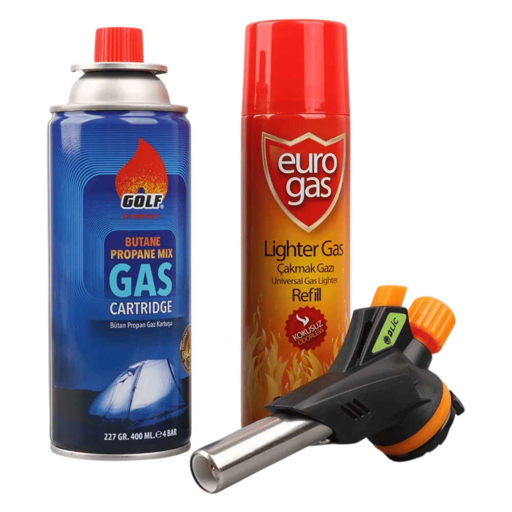 3 Parça Profesyonel Pürmüz Seti Pürmüz Torch Çakmak Başlık- Kamp Gazı 400ml- Çakmak Gazı 270 Bx40