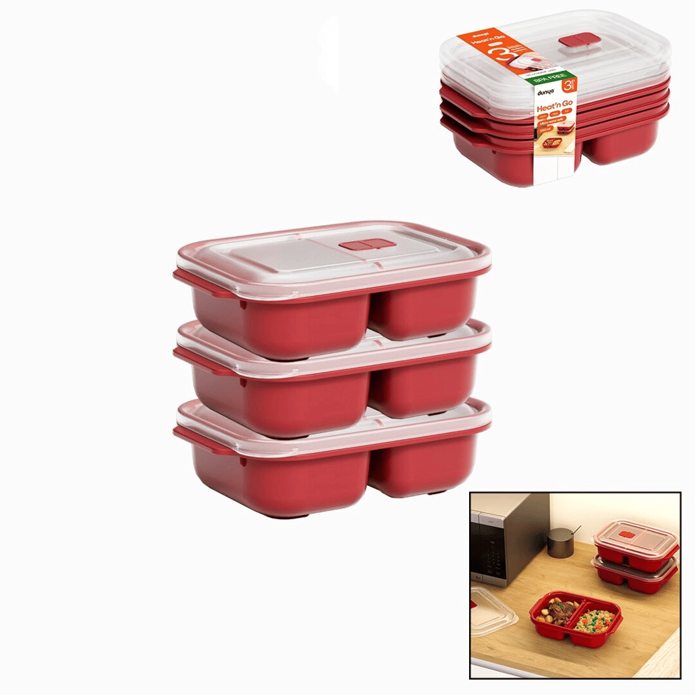 3 Pcs Kırmızı Bölme Dikdörtgen Saklama Kabı Seti 1200ml Bx40