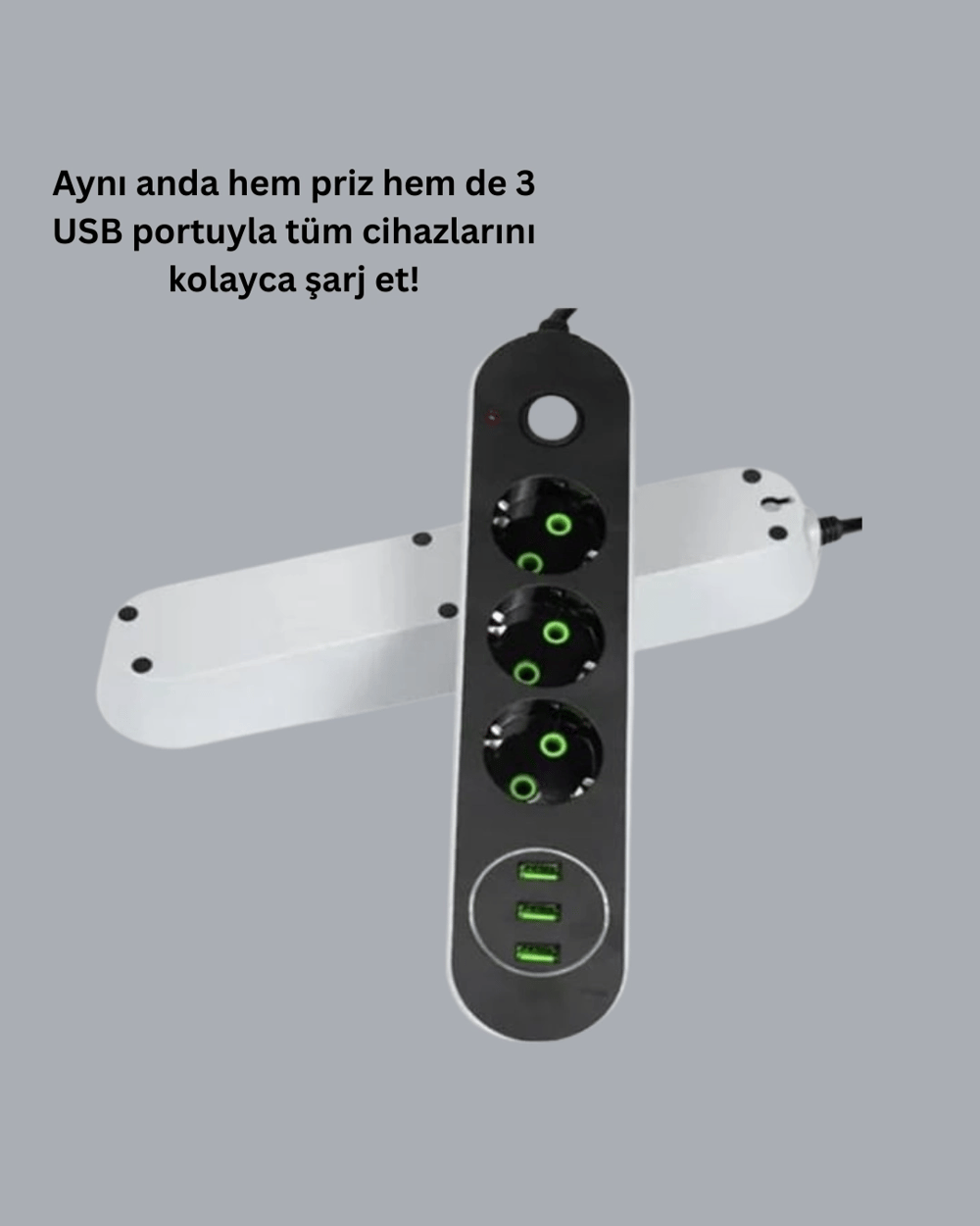 3 USB Çıkışlı Hızlı Şarjlı Anahtarlı Üçlü Priz