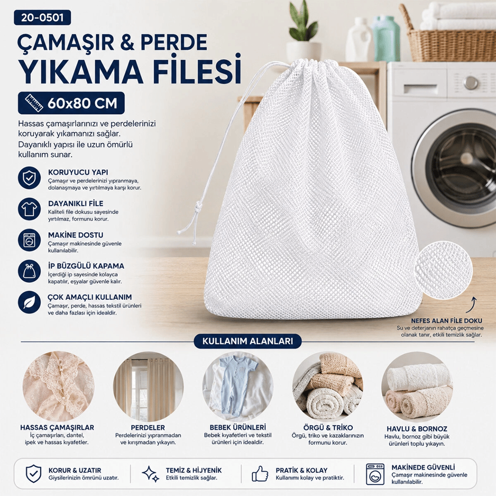 30 Adet 60x80cm Çamaşır - Perde Yıkama Filesi Bx40