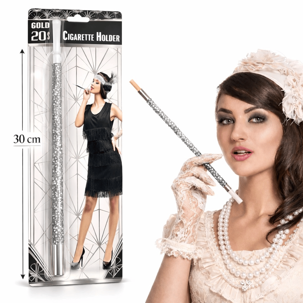 30 Cm Gümüş Payetli Sigara Tutacağı – 1920’ler Gatsby Parti Aksesuarı
