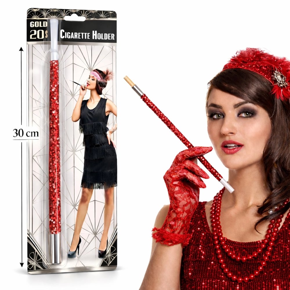 30 Cm Kırmızı Payetli Sigara Tutacağı – 1920’ler Gatsby Parti Aksesuarı