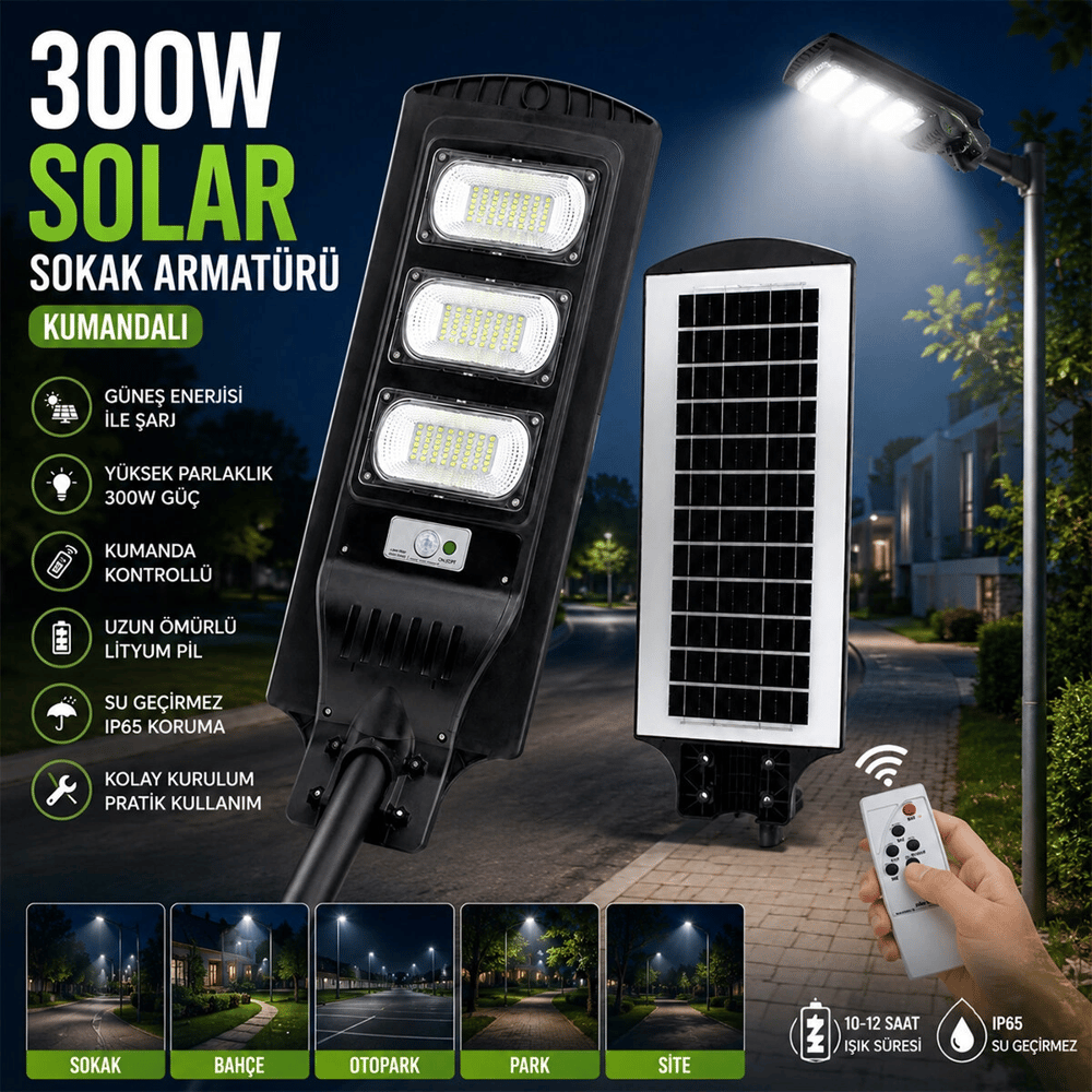 300w - 6500k Solar - Güneş Enerjili Sokak Lambası - Armatür Sensörlü Bahçe-balkon-sokak Ars-348966 Bx40