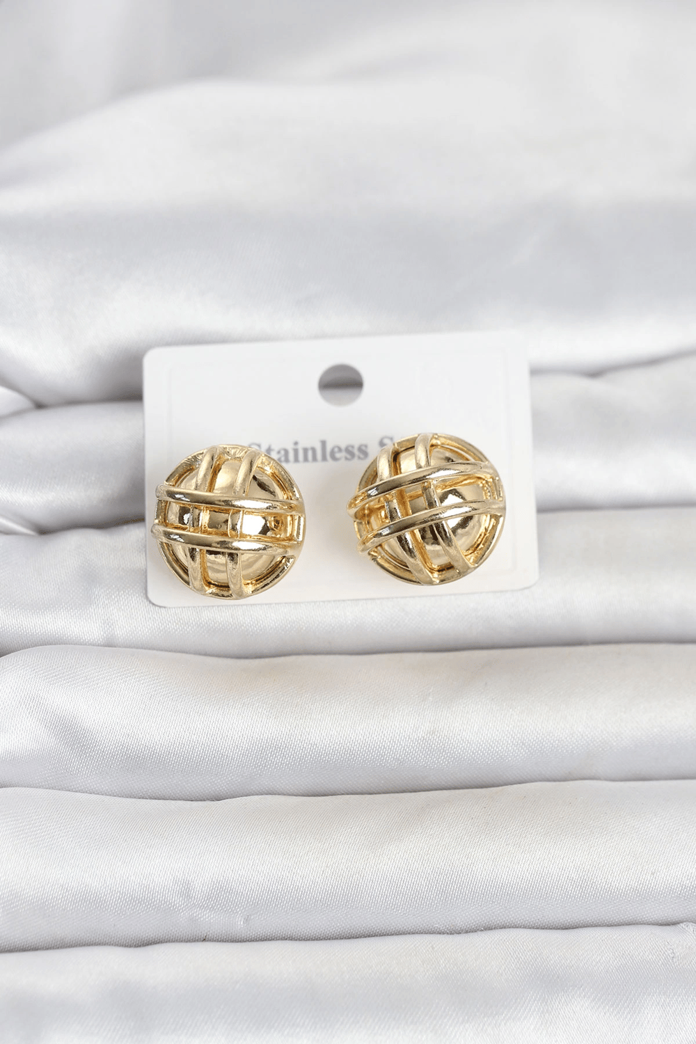 316L Çelik Gold Renk Desenli Top Model Kadın Küpe