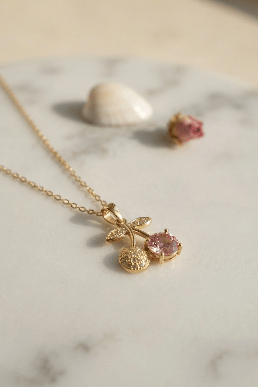 316L Çelik Zincir Gold Renk Pembe Kiraz Model Kolye