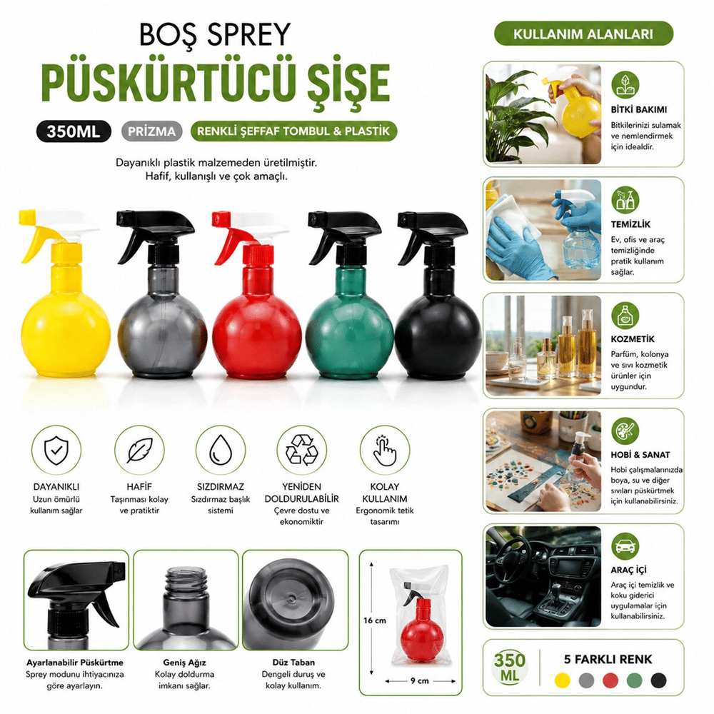 350ml Prizma Renkli Şeffaf Tombul - Plastik Boş Sprey Püskürtücü Şişe Bx40