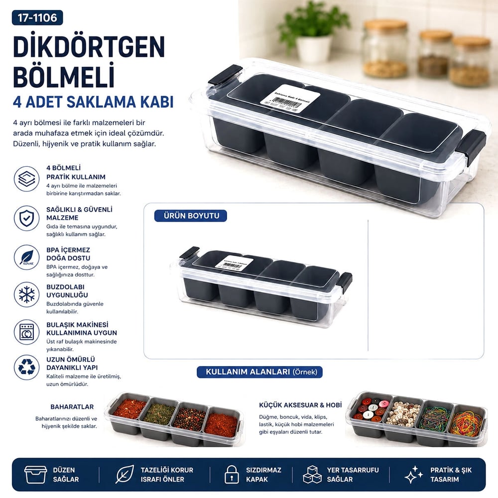 35x7cm Şeffaf Kutu - Siyah Bölme Dikdörtgen Bölmeli Saklama Kab Bx40