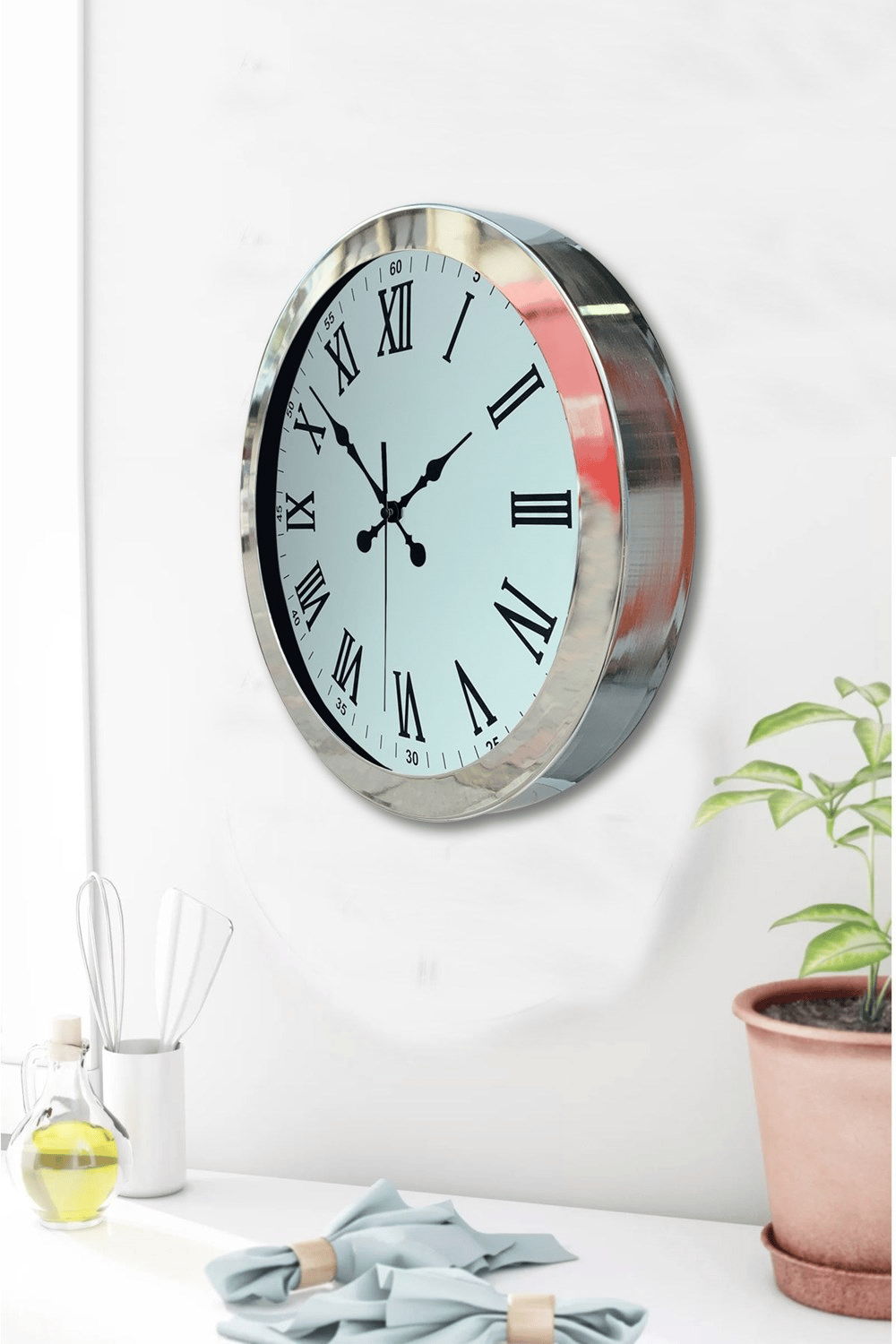 36 cm Krom Metal Roma Rakamli Duvar Saati