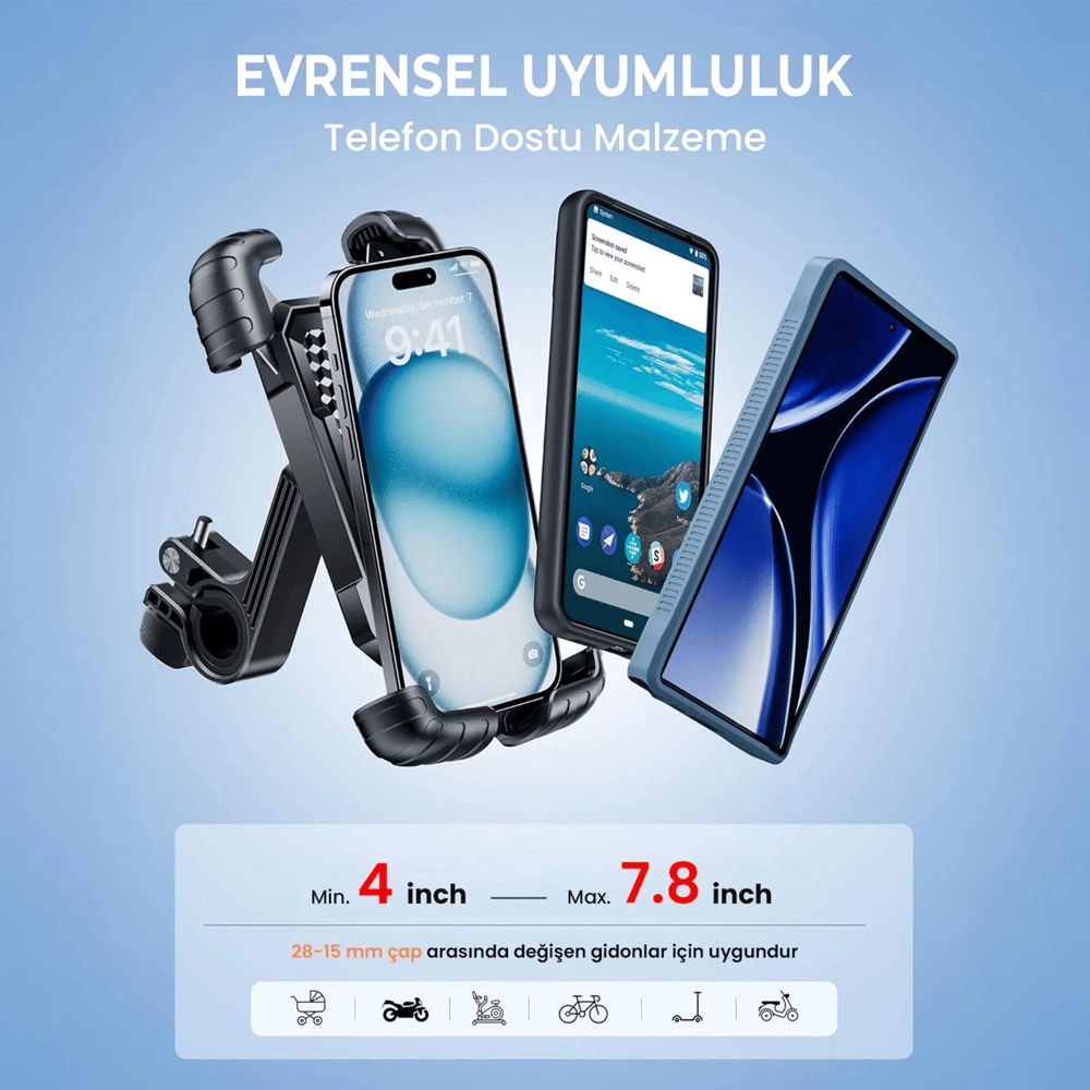360° Derece Ayarlanabilen Gidon Bağlantılı Bisiklet Motosiklet İçin Abs 4-7.8″ İnç Telefon Tutucu