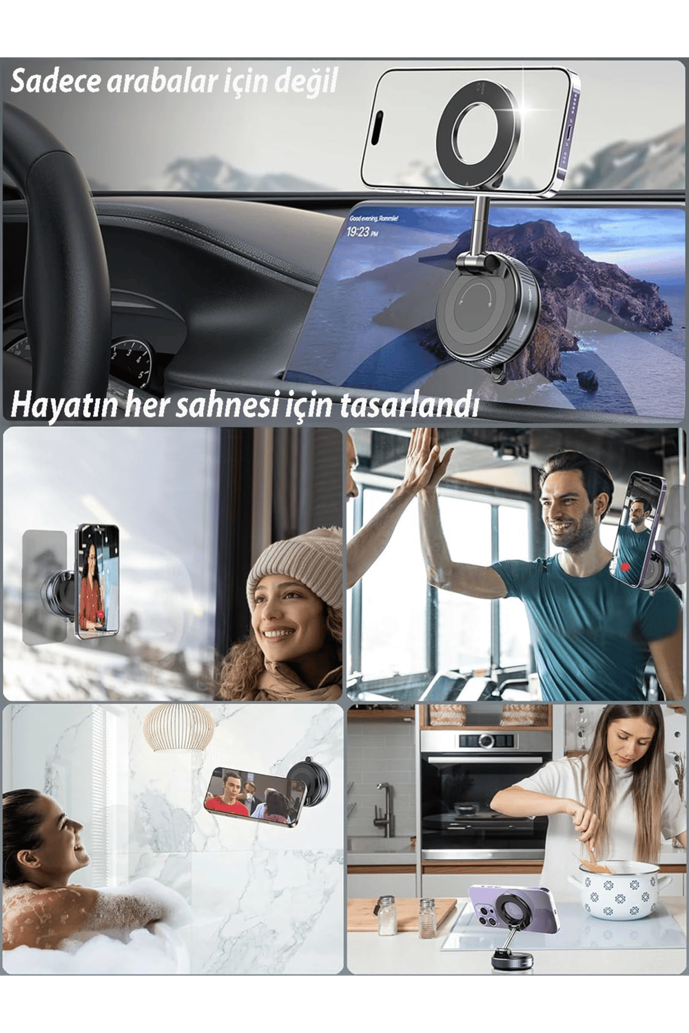 360 derece dönebilen, MagSafe uyumlu vakumlu telefon tutuculu sehpa. Siyah renklidir.