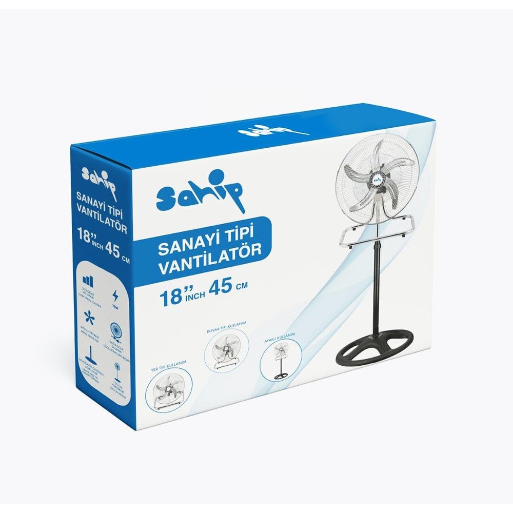 3İN1 KULLANIM 18 İNÇ 45 CM SANAYİ TİPİ AYAKLI VANTİLATÖR 5-METAL PERVANE 3-KADEME HIZ 75WY:150CM FAN (3936)