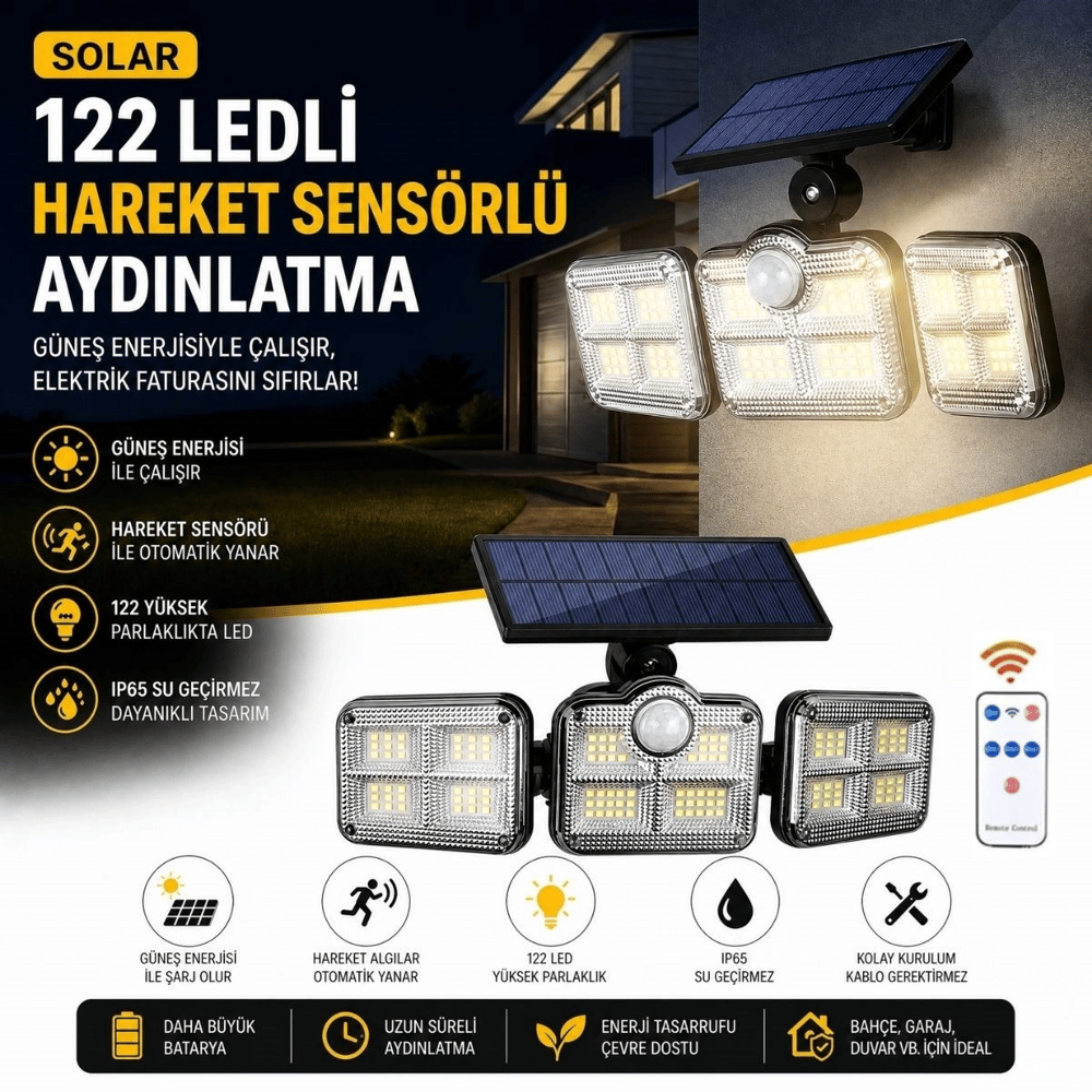 3'lü 122 Ledli Güneş Enerjili Hareket Sensörlü Aydınlatma, Dış Mekan Duvar Ve Bahçe Lambası Solar Led Bx40