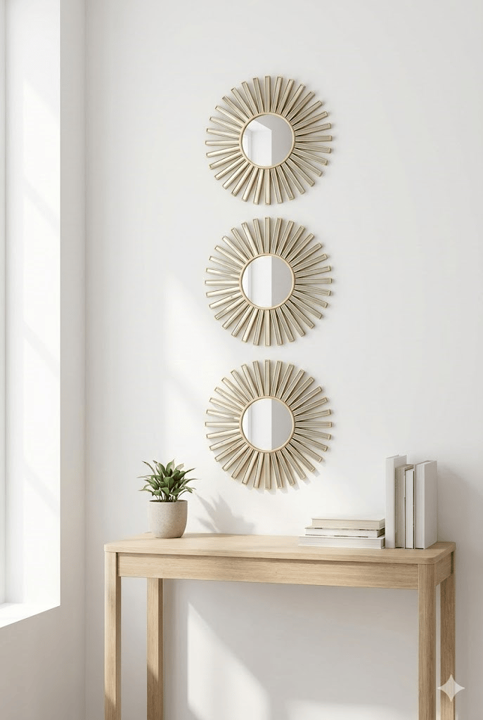 3’lü Gold Güneş Desenli Duvar Aynası Seti 25 cm | Dekoratif Yuvarlak Ayna