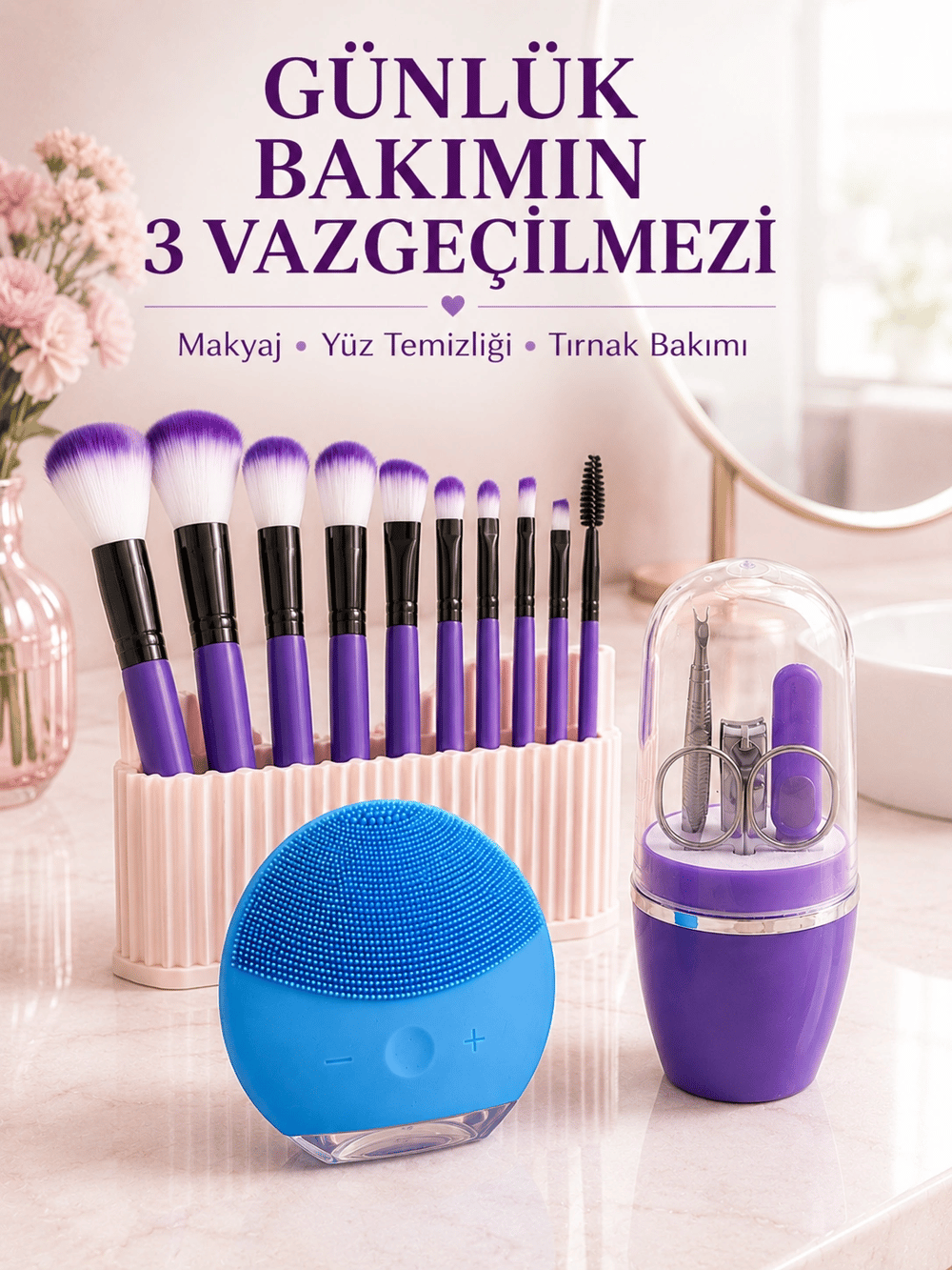 3’lü Güzellik ve Bakım Seti 12’li Mor Makyaj Fırçası Silikon Yüz Temizleme Cihazı ve Manikür Tırnak Bakım Seti